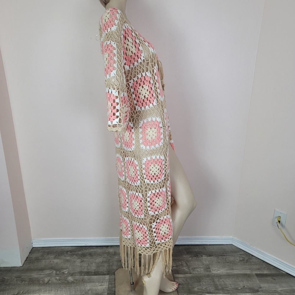 POL Kauai Crochet Long Tie Cardigan In Blush Beige Size Medium Granny Squares - Picture 11 of 14